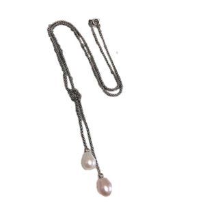 VTG Sterling Silver Popcorn Link Lariat Chain w Pink &White Pearl Drop 17”/2.5”